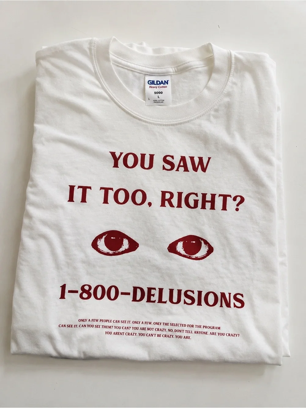 Gildan 5000 White Short-Sleeve Tee with Red Graphic Text and Eyes Vintage Size L
